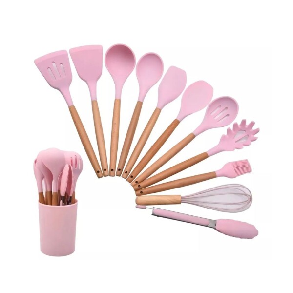 JUEGO 11 PIEZAS MENAGE SILICONA MANGO MADERA ROSA