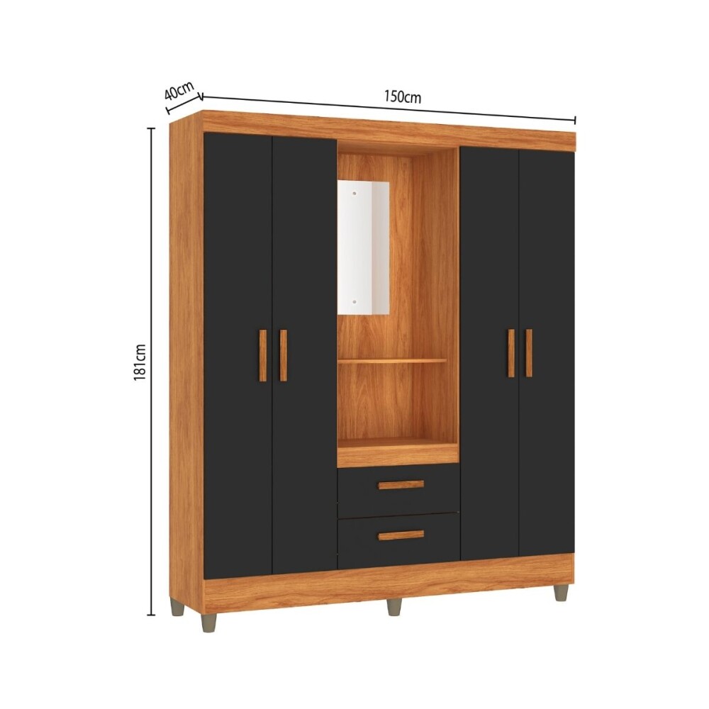 ROPERO - 4 PUERTAS 2 CAJONES CON ESPEJO NEGRO CINAMOMO