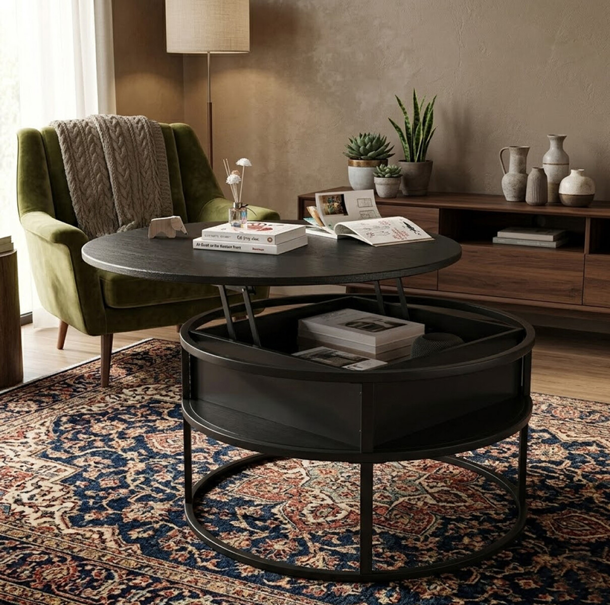MESA DE LIVING CENTRO AUXILIAR ELEVABLE - TAPA CIRCULAR - Color negro 