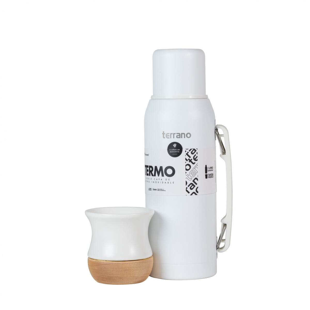 Kit Termo 1lt. Premium + Mate Cerámica base Madera - Blanco 