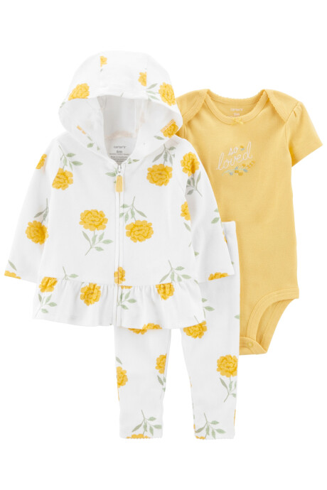 Set tres piezas campera, pantalón y body de algodón diseño floral Set tres piezas campera, pantalón y body de algodón diseño floral