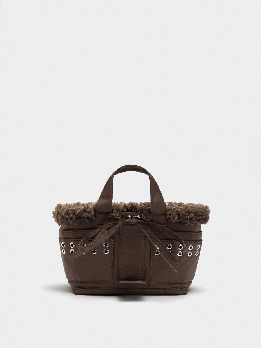 Bolso Tote De Nylon Borde Efecto Pelo marron