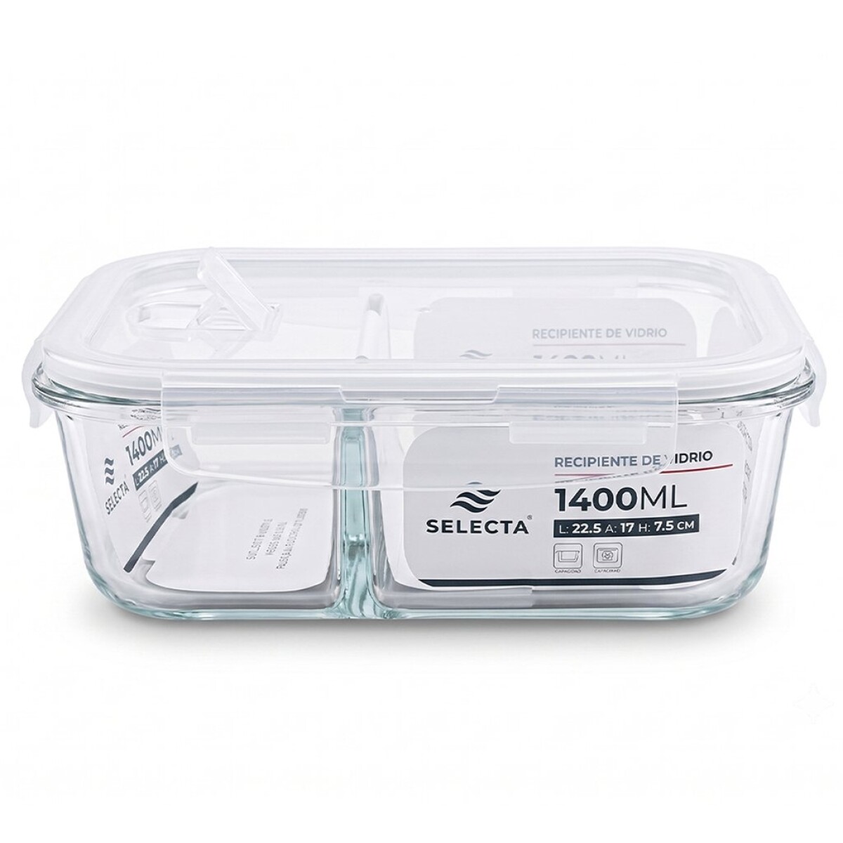 RECIPIENTE RECTANGULAR BOROSILICATO 1.40LT 22.5X17XH7.5CM C/DIVISION 