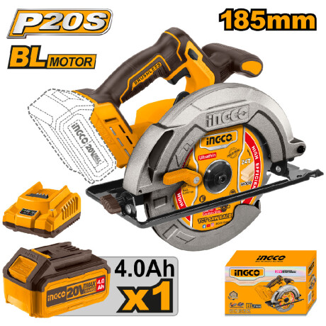 Sierra Circular 20V 185mm + Batería Cargador Ingco CSLI18511 Amarillo