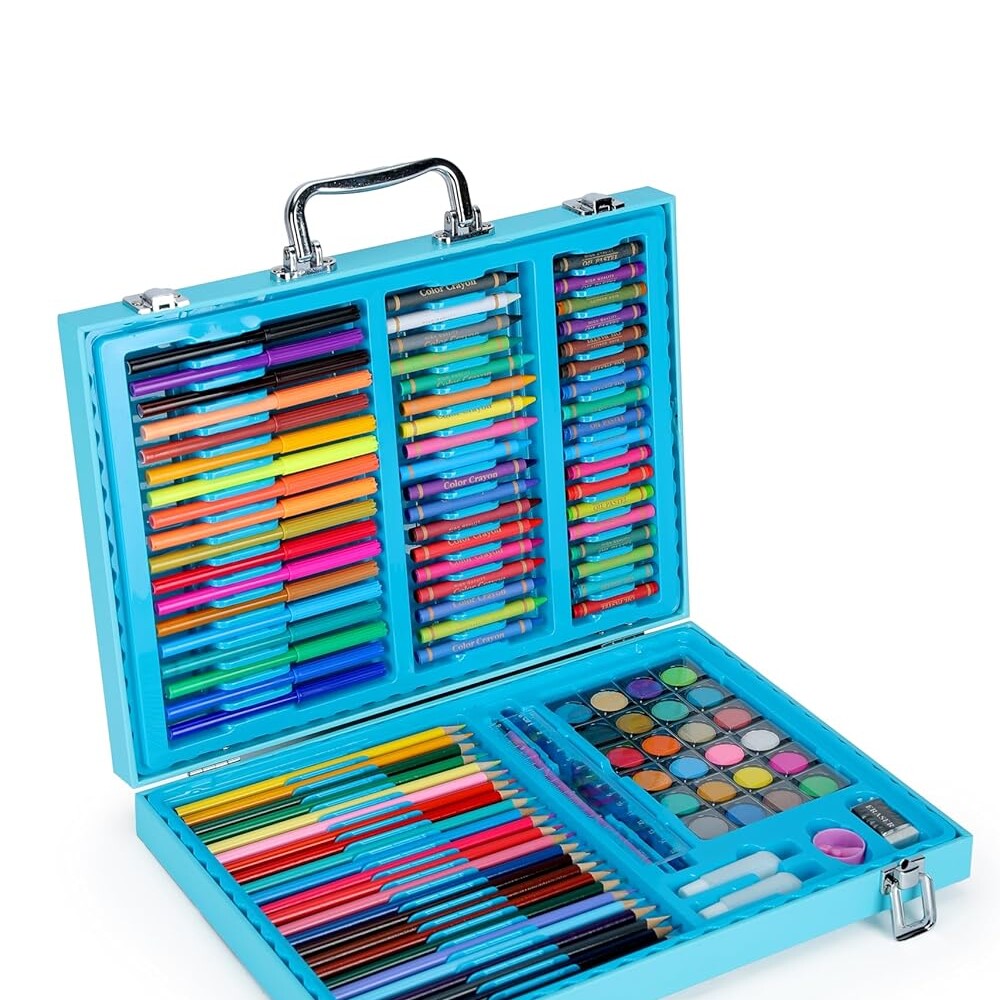 Valija infantil 128 Piezas Marcadores Lápices Crayones Madera Celeste