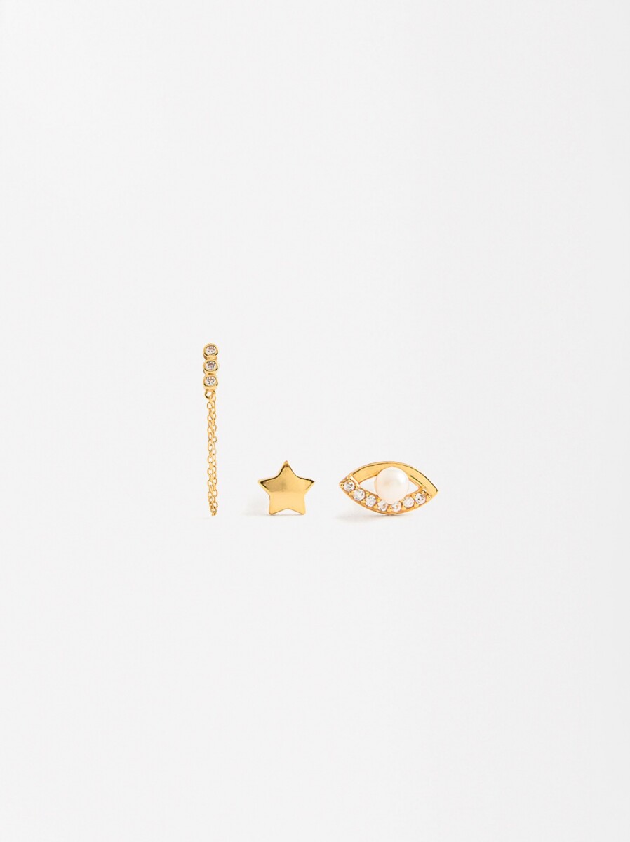 Set De Pendientes Circonitas Y Perla De Agua Dulce - Plata De Ley 925 - dorado 