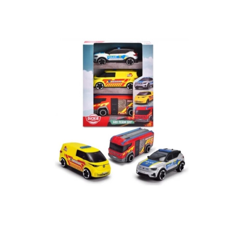 Set Dickie SOS Team – 3 Vehículos 15 cm DICKIE - SOS TEAM PACK X 3 VEHICULOS 15 CM. POLICIA, BOMBEROS Y AMBULANCIA.