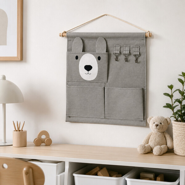Organizador Colgante Infantil Osito Perchero Bolsillos Gris 1