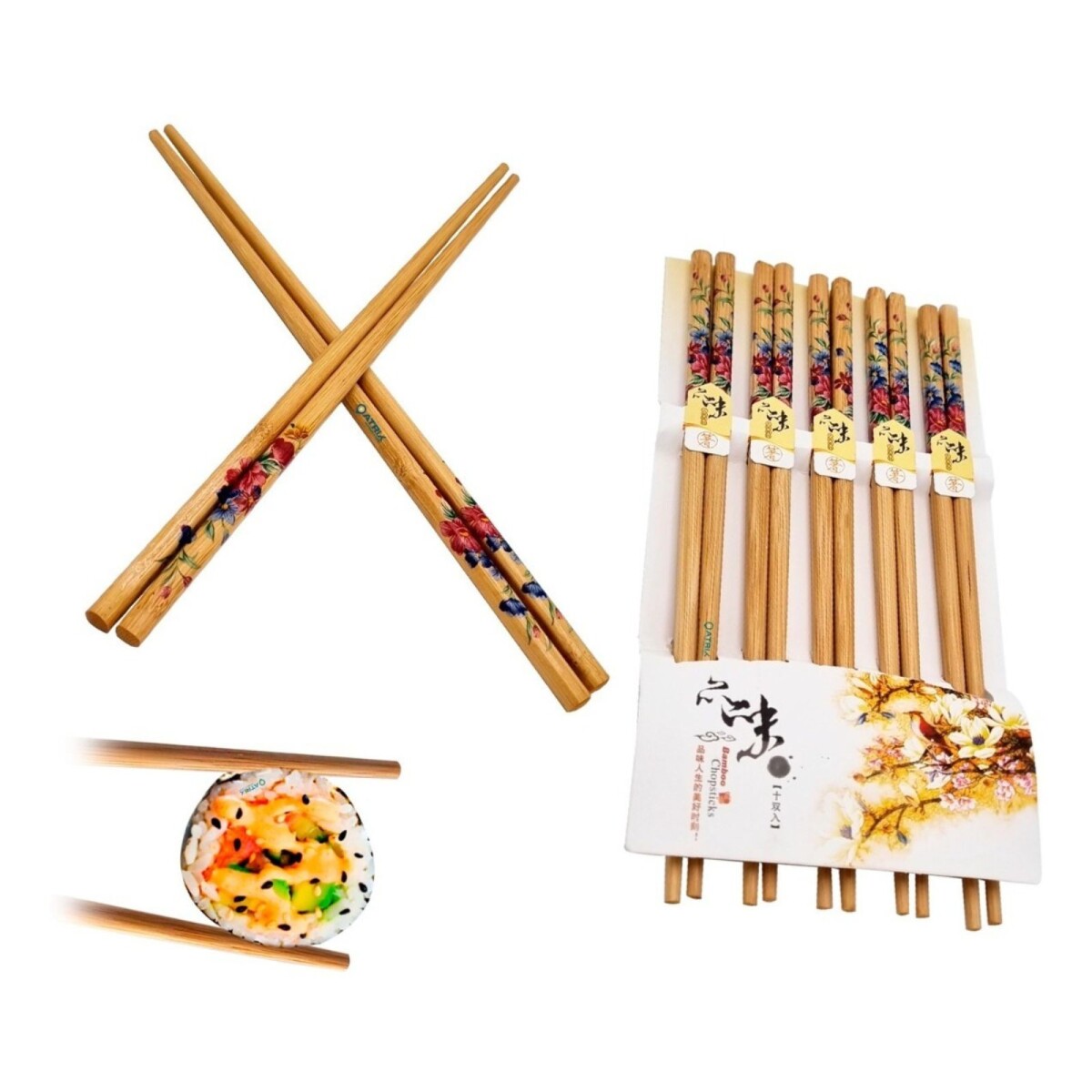 Palitos De Sushi Re-utilizables Bambú Pack X 10 Pares - Variante Flores azules y rojas 