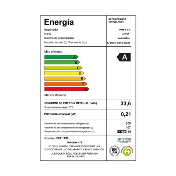 REFRIGERADOR JAMES INVERTER RJ 571 CON DISPENSADOR - INOX REFRIGERADOR JAMES INVERTER RJ 571 CON DISPENSADOR - INOX