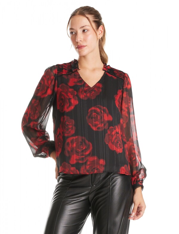 Blusa Gasa Flores NEGRO/ROJO