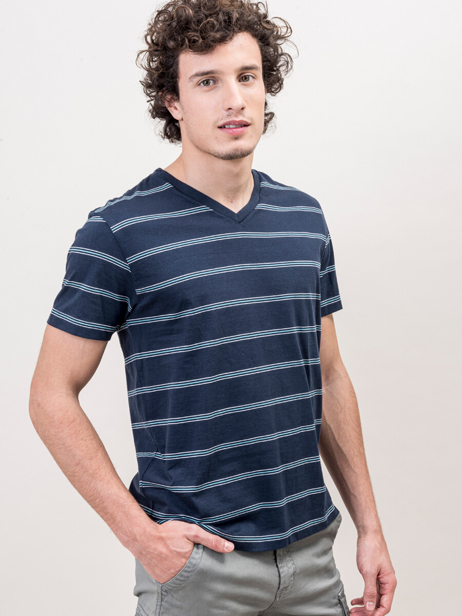 Camiseta a rayas con cuello en V - Azul 