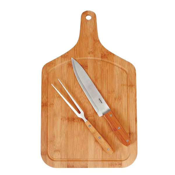KIT ASADO 3 PIEZAS TABLA BAMBU Y UTENSILLOS MARRON
