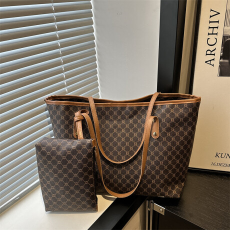 Cartera Tote Con Diseño Trama Imperial Incluye Neceser Marrón Oscuro