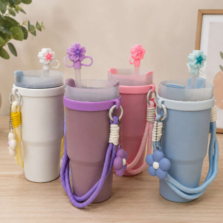 Vaso térmico de acero con accesorios y tapita 420ml Rosado