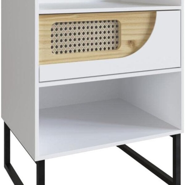 Mesa de Luz un cajon blanca detalle Madera clara y rattan Mesa de Luz un cajon blanca detalle Madera clara y rattan