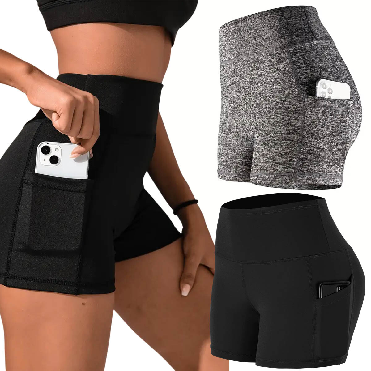 Calza Biker Deportiva Dama Pack X3 Con Bolsillo - Negro Gris 