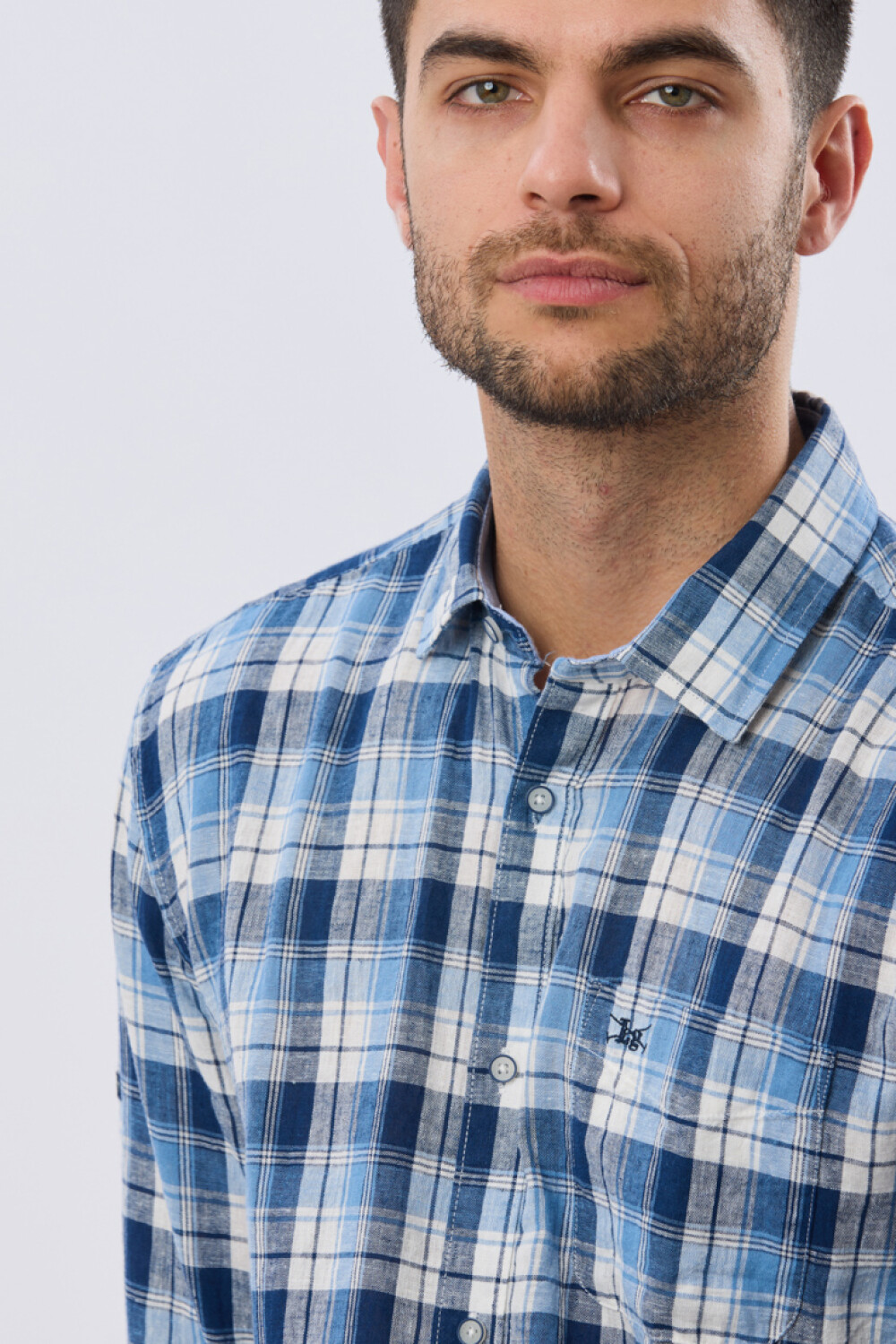 CAMISA CUADROS DE LINO Celeste