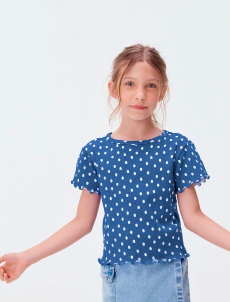 BLUSA CON ESTAMPADO EN TELA ACANALADA AZUL