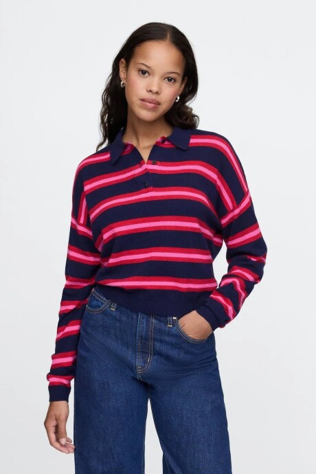 Buzo Tipo Polo Cashsoft Mujer Navy Pink Strip