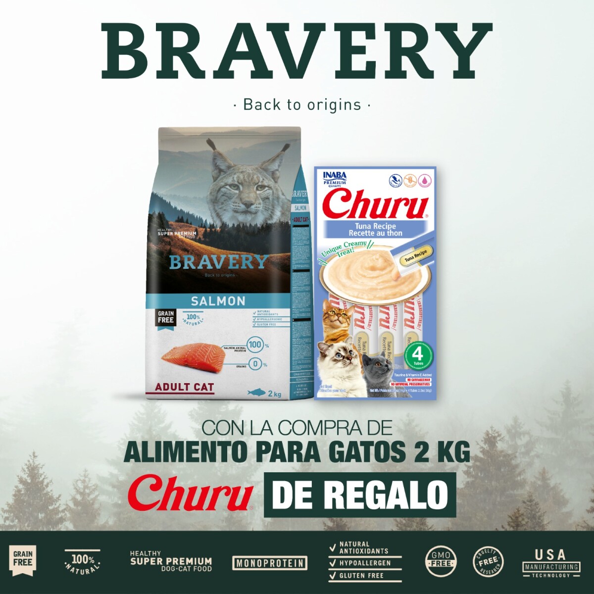 PROMO Bravery Gato adulto castrado salmón 2 kgs + Churu 