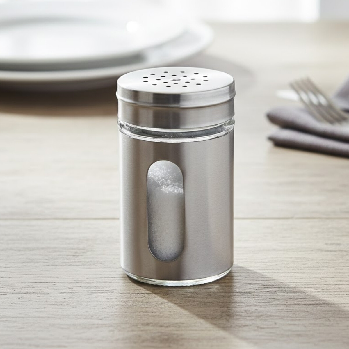 Salero especiero en acero inoxidable tapa giratoria - TRANSPARENTE 