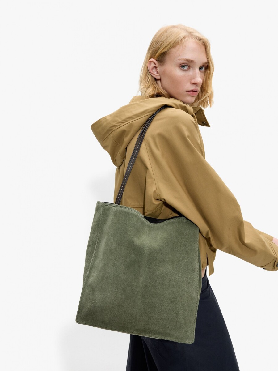 Bolso Shopper Rectangular Con Piel caqui