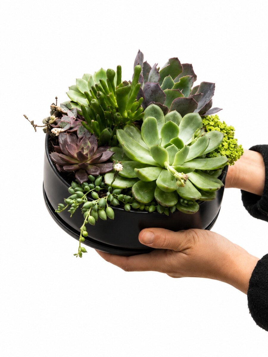 PAILA CERAMICA CON SUCULENTAS (TERRARIO) NEGRO