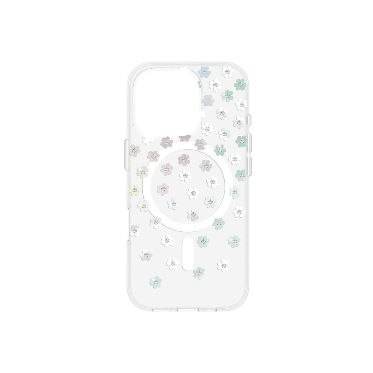 Protector para iPhone 16 Pro diseño flores con brillos 