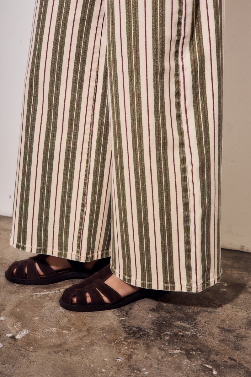 Jean Wide Leg Rayado Oliva Y Crema