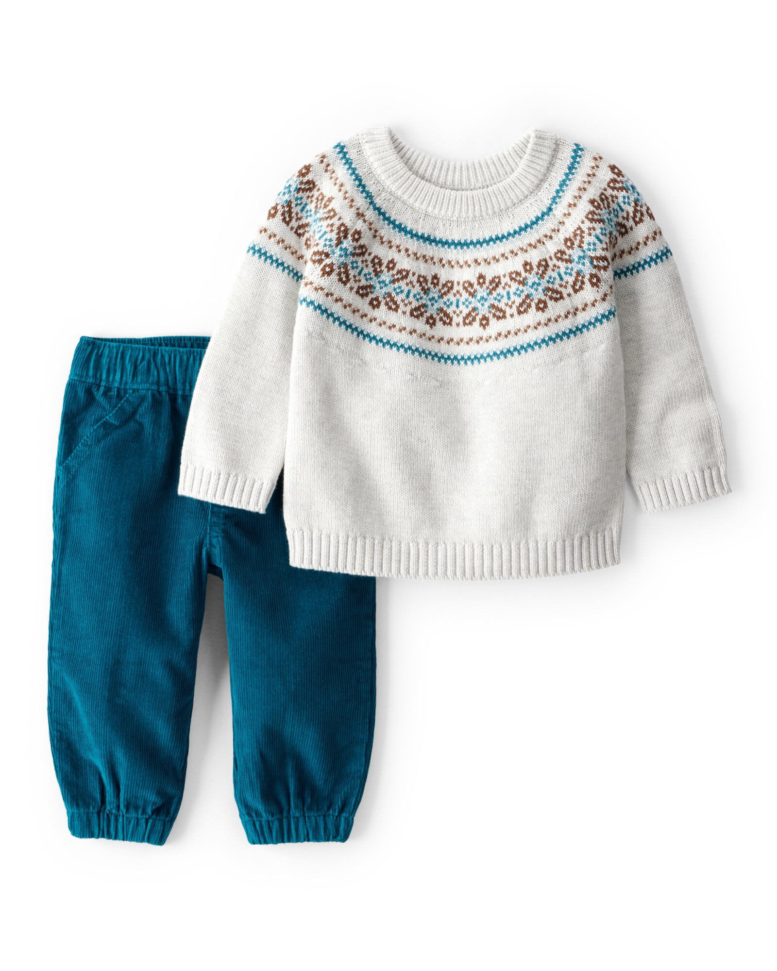 Set dos piezas, pantalón de pana azul y buzo de algodón, diseño fair isle Sin color