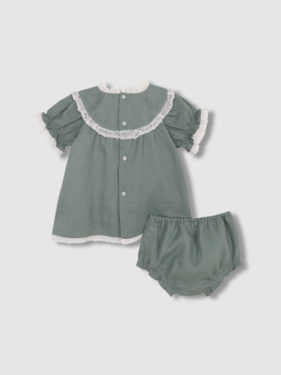 Vestido De Arras En Lino Verde Con Tiras Verde Oscuro