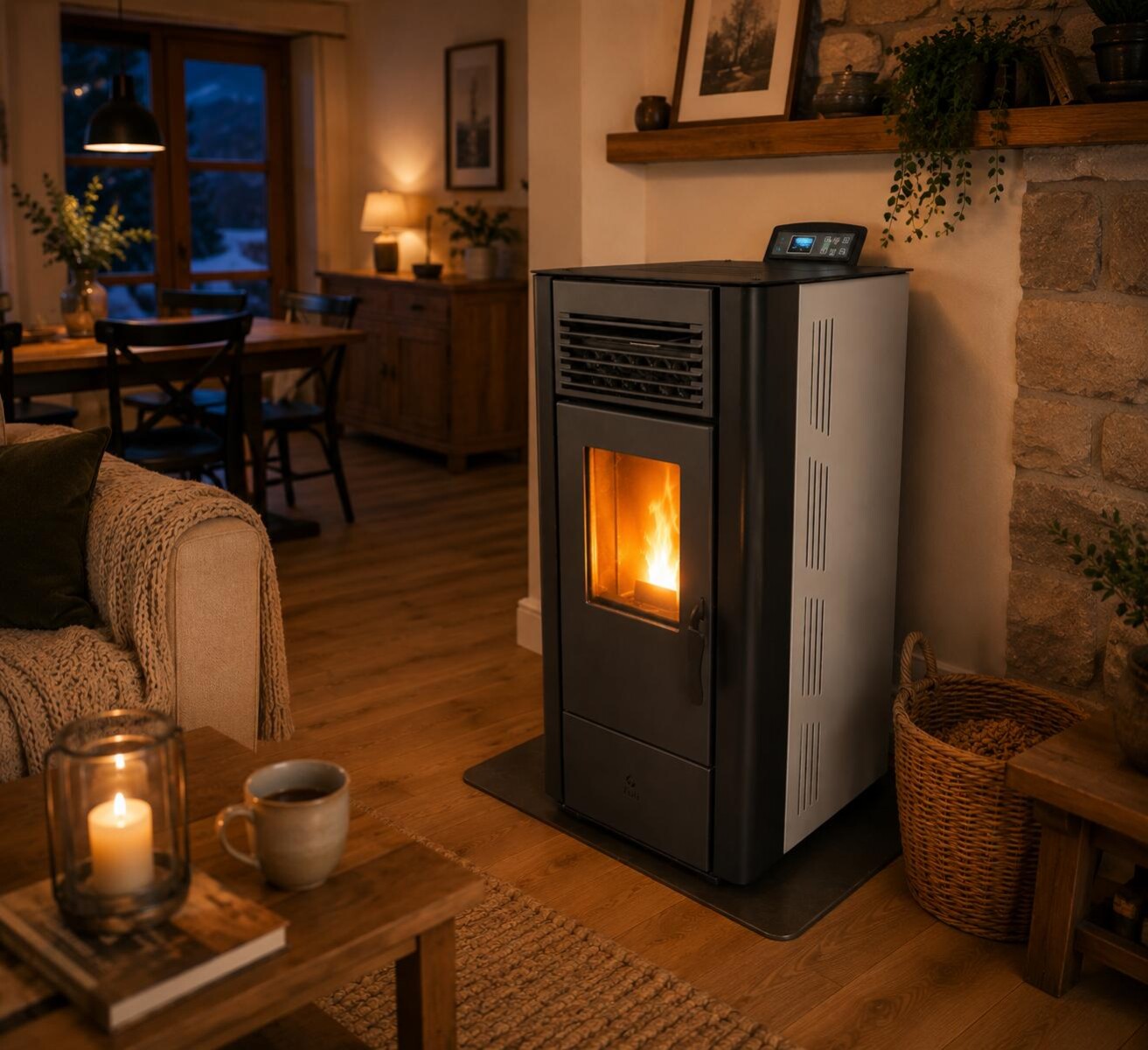 Calefactor Selma a pellet WiFi - con Kit de techo 10kW - Blanco 