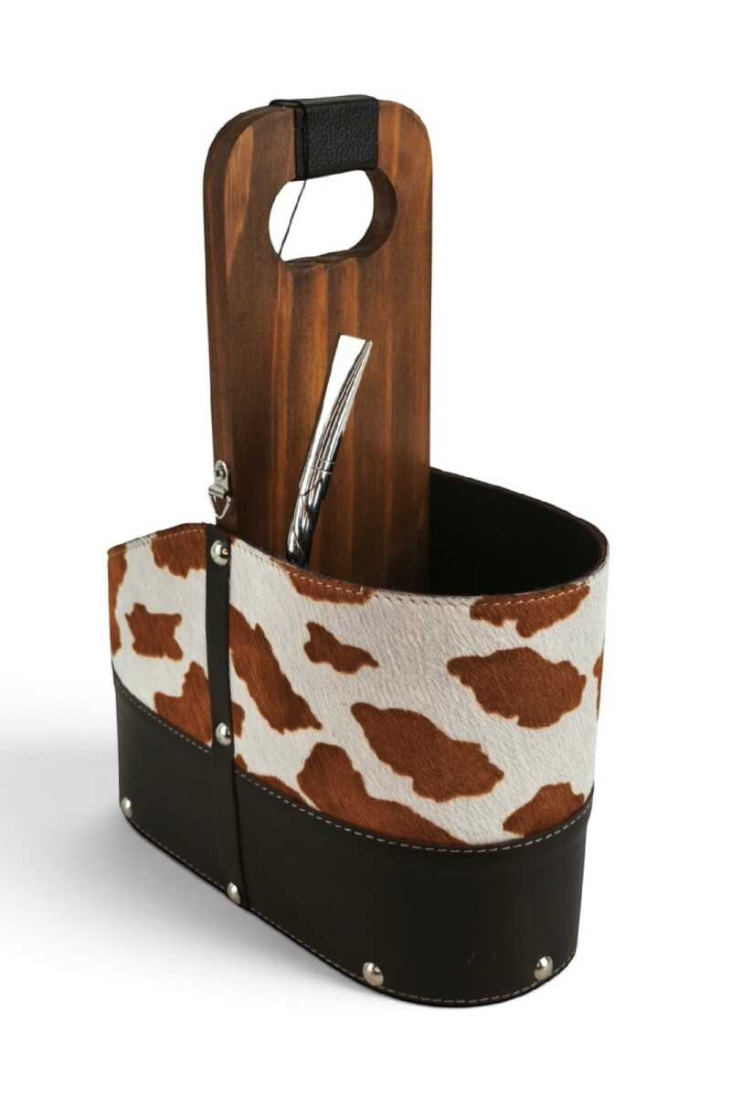 Matera de Cuero Vacuno Legítimo con Estructura Integral de Madera y porta celular Claro con choco