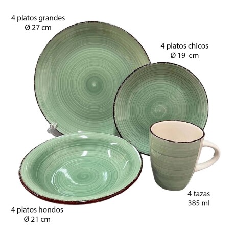 Juego Vajilla Cerámica 16P Platos Llanos Hondos Tazas 385ml Verde