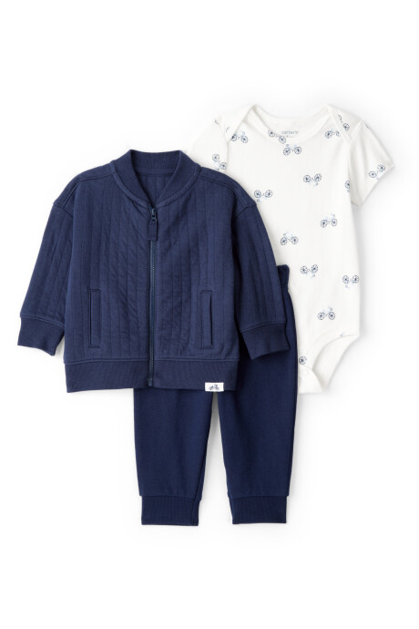 Set tres piezas de algodón, campera capitoneada, pantalón y body, diseño bicicletas Sin color