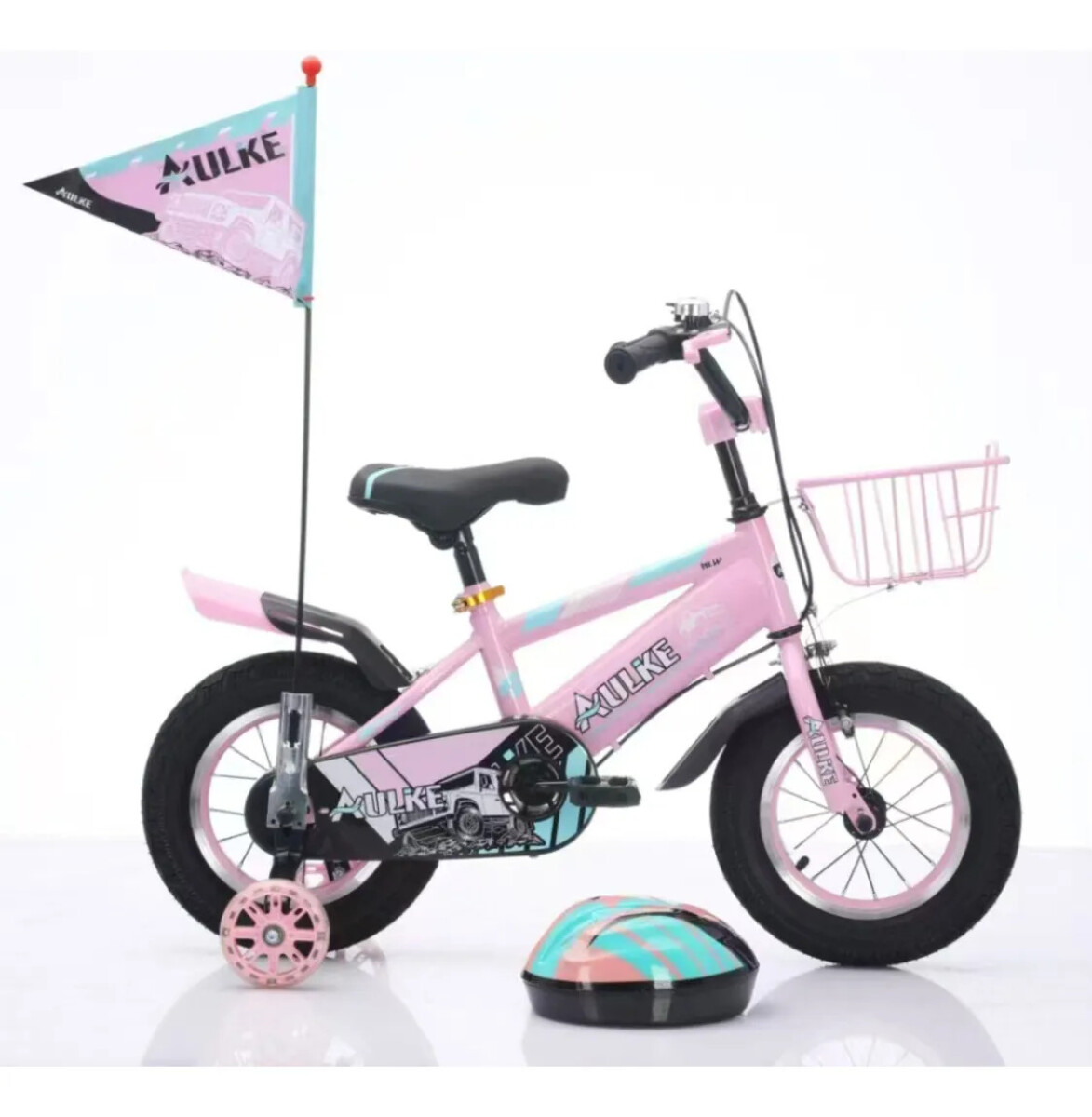 Bicicleta rodado 16 con rueditas, canasto, casco y banderita - Rosa 
