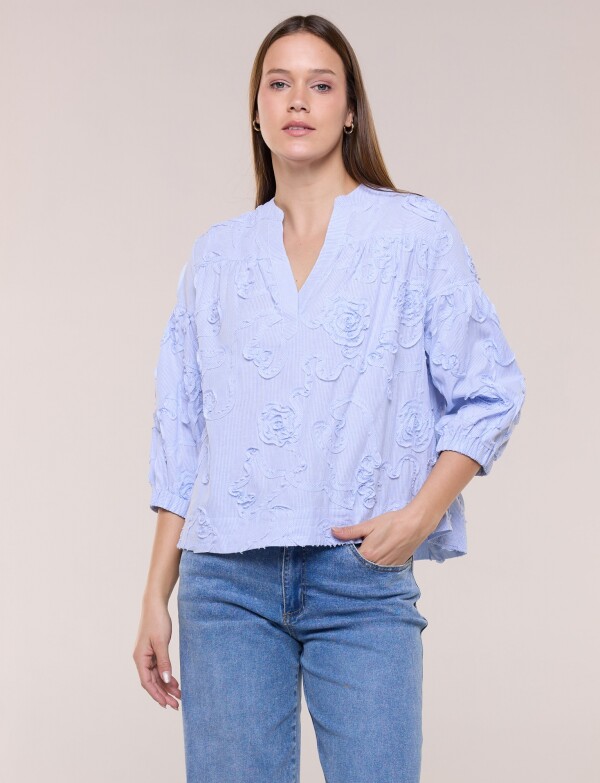Blusa De Algodón Con Aplicaciones Florales CELESTE