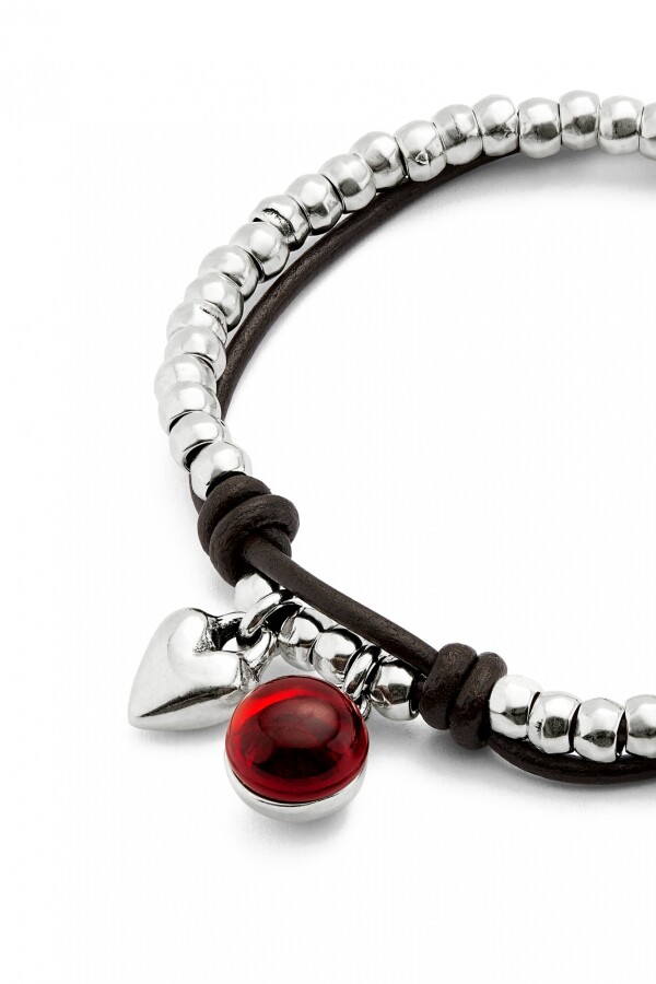 PULSERA DE BOLAS EN ALEACIÓN DE METALES BAÑADAS EN PLATA DE LEY CON CUERO Y CRISTAL DE MURANO ROJO Pulsera