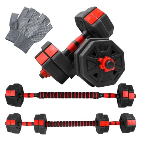 Mancuernas Pesas Ajustables 20 KG Set 2en1 + Barra + Guantes Variante Color Negro
