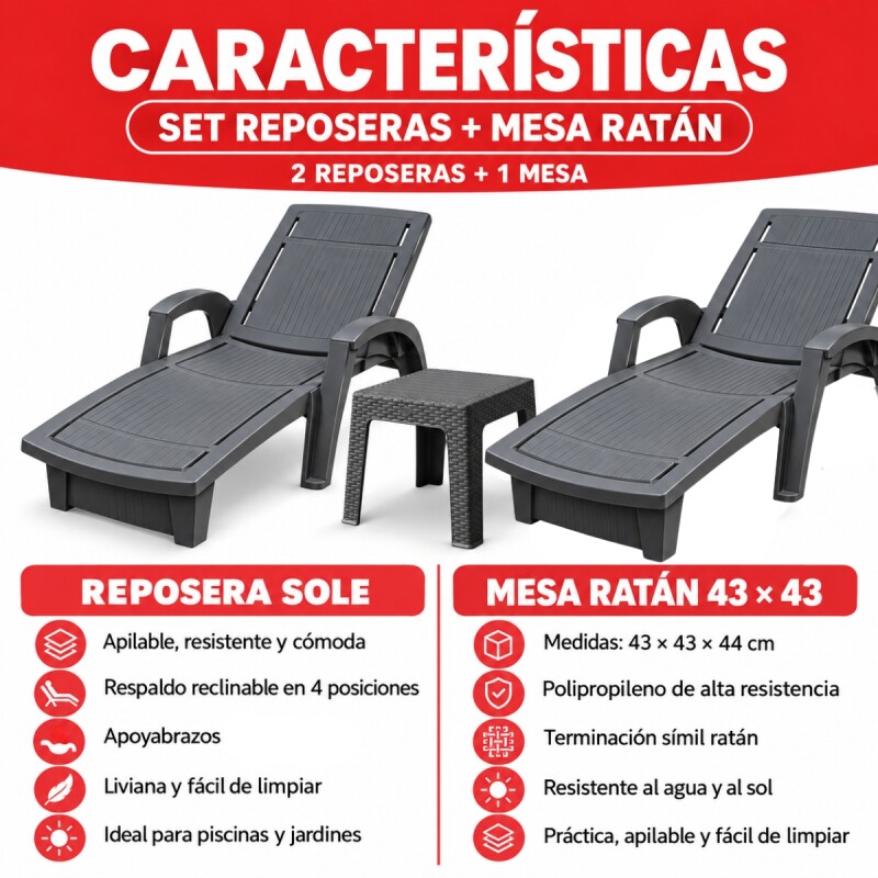 Set x2 Reposeras piscina+ mesa auxiliar GRIS