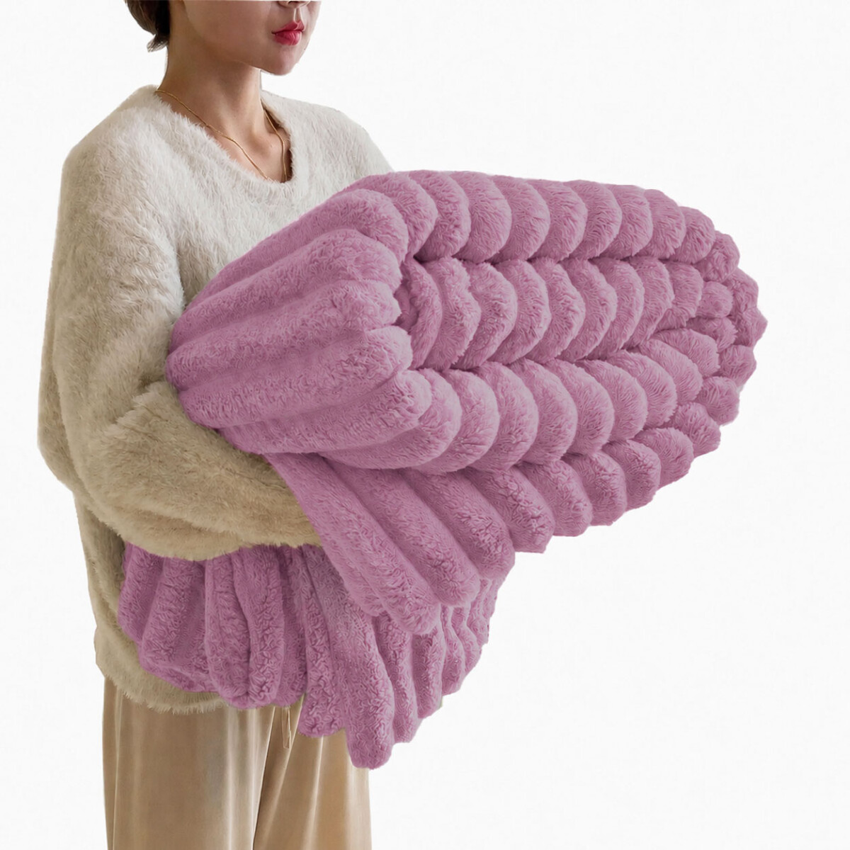 Manta Frazada Polar 1 Plaza Acanalada Suave Cálida Cama Sofá - Lila Claro 
