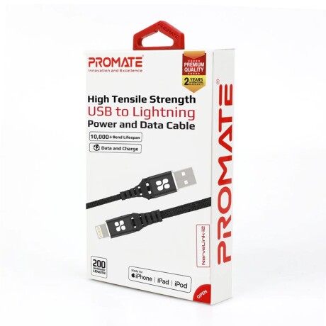 Cable Iphone Datos y Carga Rápida 2Mt Promate NerveLink-i2 Negro