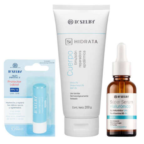 Pack Dr. Selby Crema Corporal SiHidrata 200G + Sérum Hialurónico 30ml + Protector Labial FPS15 5.7ml Pack Dr. Selby Crema Corporal SiHidrata 200G + Sérum Hialurónico 30ml + Protector Labial FPS15 5.7ml