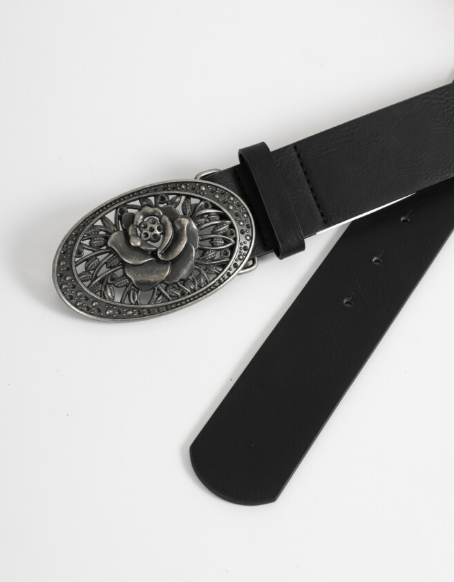 Cinturones y Fajas Boho Cinturón Con Hebilla De Flor - Negro