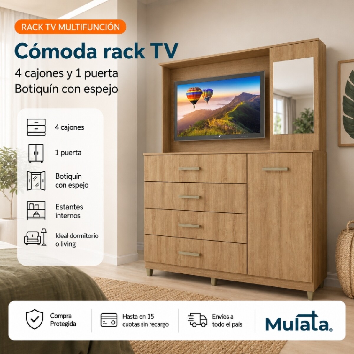 Comoda Cajonera Rack TV de 4 cajones 1 puerta 1 Botiquín con Espejo y Estantes para Dormitorio o Living - FE - Miel 