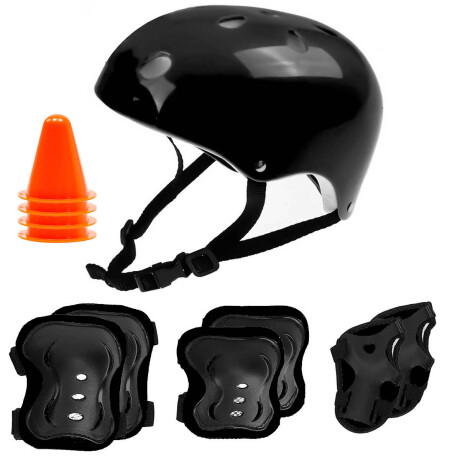 Set Protección Rodilleras Coderas Muñequeras + Casco Negro