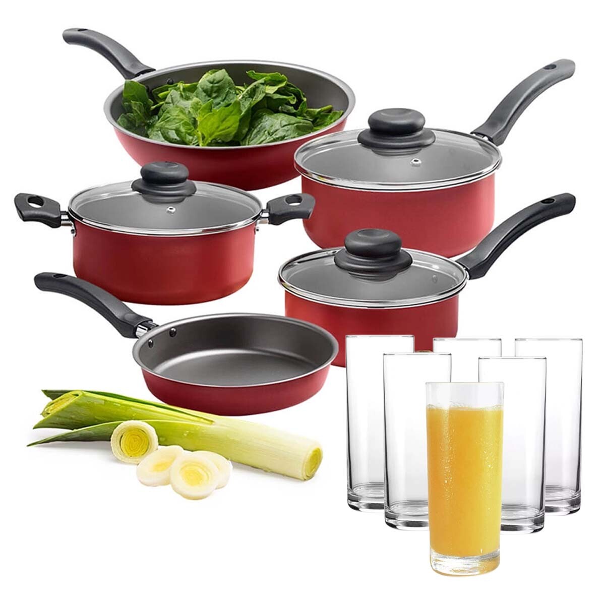 Set Cocina 11Pzas Juego Batería Antiadherente Brinox + Vasos - Rojo 