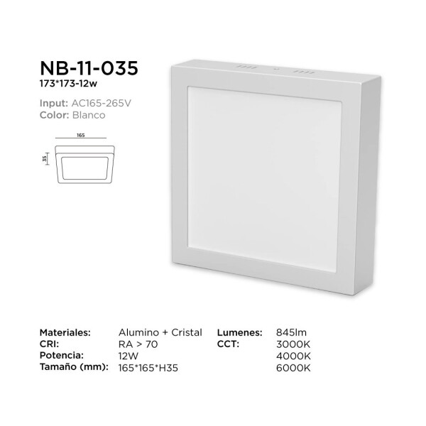 Panel Led 16x16 12W Plafon Cuadrado Techo Spot Luz Neutra Variante Color Blanco