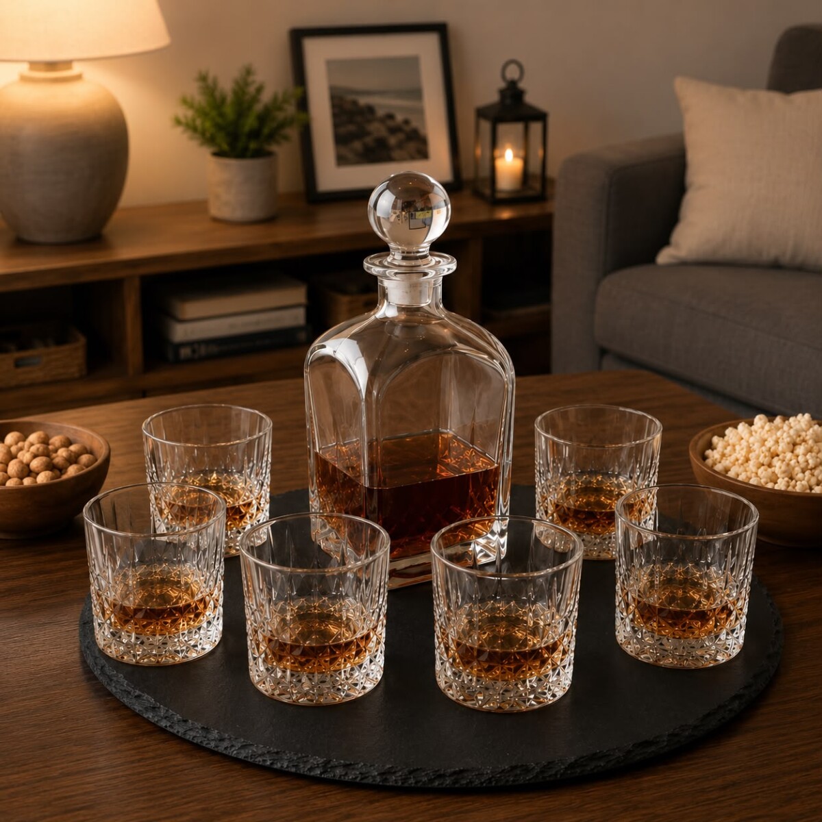 Combo Premium 6 Vasos de Whisky y Decantador de Vidrio con Tapón Redondo 